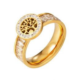 Bands Luxury Women's Flower Design Stainless Steel Ring Square Rhinestones Crystal Rings For Women Men Couple Wedding Jewellery Gift