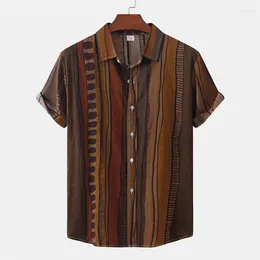 Men's Casual Shirts D Print Dark Vertical Stripes Shirt Men Summer Short Sleeves Tops Beach Street Lapel Blouse Button Loose Hawaiian