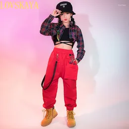 Stage Wear Girls Hip-hop Clothing Plaid Shirt With Exposed Navel Vest Red Loose Casual Pants Street Dance Costume Jazz Performance