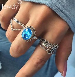 Cluster Rings 6Pcs/Set Blue Crystal Wedding Crown Heart Vintage Midi Knuckle For Woman 2024 Silver Colour Rhinestone Ring Jewellery