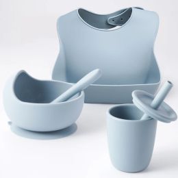 Tees 4pcs Child Feeding Tableware Set Straw Cup Baby Bib Silicone Bowl Spoon Soft Easy to Clean Baby Shower Gift Bpa Free