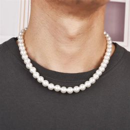 Necklaces New Trendy Imitation Pearl Necklace For Men Temperament Simple Handmade Strand Bead Necklace Men Fine Jewellery Wedding Gift