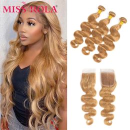 Wigs Miss Rola Brazilian Body Wave Human Hair Weaving 3 Bundles With 4*4 Closure 27# Blonde Ombre Remy Hair Bundles With Closure