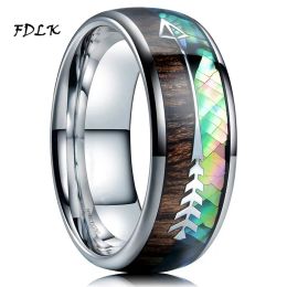 Bands FDLK New 8mm Men Stainless Steel Ring Natural Rainbow Abalone Shell & Koa Wood Inlay Arrow Ring Men Wedding Band Size 613