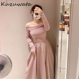 Casual Dresses Kuzuwata Slash Neck Long Sleeve Sweet Dress Elegant Slim Fit Patchwork Zip Pullover Vestidos Japan Knit Ball Gown Femme Robe