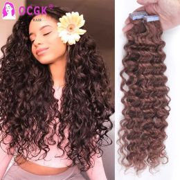 Extensions Deep Wave Tape In Human Hair Extensions 1226Inch Auburn Brown Adhesive Skin Weft Tape Ins Curly Hair Double Sides Seamless