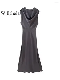 Casual Dresses Women Fashion Grey Pleated Side Zipper Midi Dress Vintage Swinging Collar Sleeveless Female Chic Lady