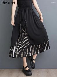 Skirts Summer High Waist Midi Skirt Women Striped Print Patchwork Irregular Fashion Ladies Loose Pleated Woman Oversized