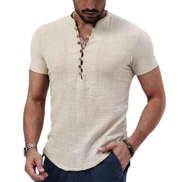 Mens Short Sleeve Tshirt V neck button Cotton Linen Shirt Mens Casual Clothes Tops for Men 240418