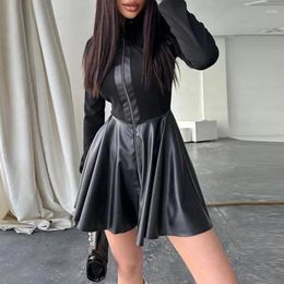 Casual Dresses Sexy Ladies Stand Neck High Waist A-line Dress 2024 Long Sleeve Zipper Pleated Fashion Leather Patchwork