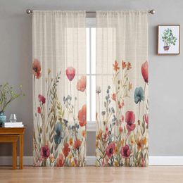 Curtain Watercolor Chrysanthemum Leaves Triangle Tulle Sheer Curtains For Living Room Kitchen Children Bedroom Voile Hanging
