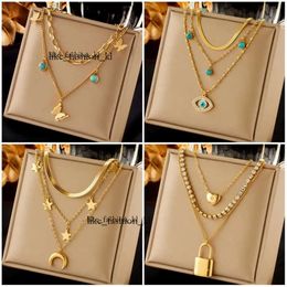 14K Yellow Gold Butterfly Moon Lock Blue Eyes Pendant Necklace for Women New Multilayer Choker Chain Jewellery Gifts 956 582