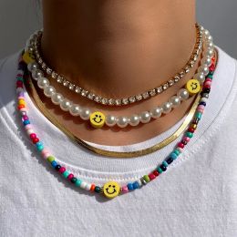 Necklaces Bohemia Multilayer Smile Pearl Rainbow Beaded Choker Necklace For Women Acrylic Fruit Heart Beads Chain Necklaces Beach Jewelry