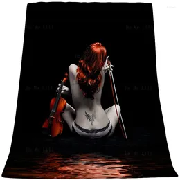 Blankets The Girl Played Violin Sexy Back Tattoo Woman In Black Modern Body Art Fashion Soft Cozy Flannel Blanket