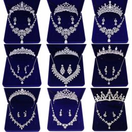 Necklaces Fashion Zircon Bridal Jewelry Sets Wedding Crown Necklace With Earrings Pin Pearl Crystal Tiara And Crowns Hair Ornaments Women