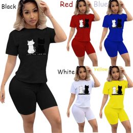 Sets Women's Cute Casual Short Sleeve Tee Shirts Shorts 2 Piece Sets Cat Print Slim Fit Fashion Tracksuit Outfits New for Female 2023