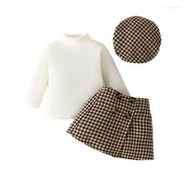 Clothing Sets Toddler Baby Girl Outfit Clothes Fall High Necked Long Sleeve Ribbed Pullover Plaid A Line Short Skirt Set