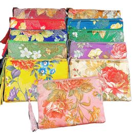 DHL100pcs Coin Purses Chineses Silk Floral Printing Square Jewel Case Lining With Tassel Mix Color