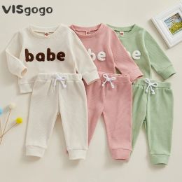 Sets VISgogo 03Y Baby Girls Boys Clothes Fall Outfits Letter Embroidery Round Neck Sweatshirt and Drawstring Long Pants Waffle Set