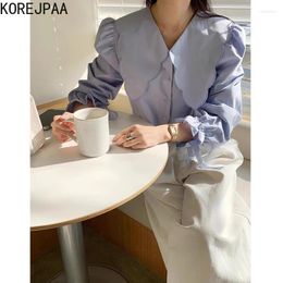 Women's Blouses Korejpaa Korean Fashion Women Shirts Elegant Flare Sleeve Bow Bandage Solid Shirt 2024 Spring Turn-down Collar Blouse