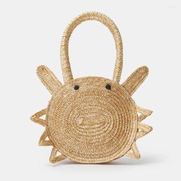 Totes Cute Crab Shape Straw Women Handbags Funny Round Paper Woven Shoulder Bags For Girls Creative Summer Beach Bag Children 2024