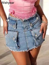 Skirts Vintage Streetwear Cargo Style Flap Pocket Slim Workwear Stretch Denim Mini Skirt Women Clothing Summer Jean Dress Harajuku