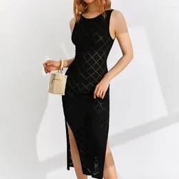 Casual Dresses Women Wrapped See Through Summer Clothes Round Neck Sleeveless Cutout Knitting Solid Color Midi Dress Sexy Club