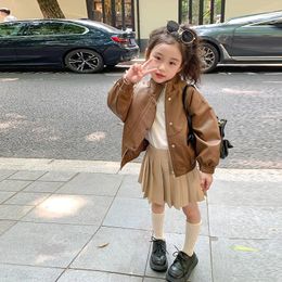 Jackets 2024 Fashion Girls Boys Faux Leather Loose Outfits Kids Tops Solid Long Sleeve Button Coat Children Clothing