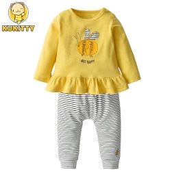Sets Fashion Toddler Baby Girl Spring Fall Clothes Sets Cotton Ruffles Long Sleeve Tshirt and Striped Pants 2Pcs Outfits