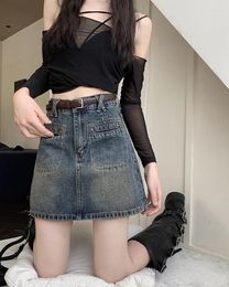 Skirts S-XL A Line Mini Denim For Women 2024 Autumn Korean Style Vintage High Waist Jeans Womens (L9022