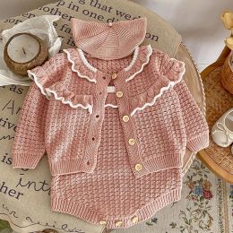Sets 2024 New Spring Infant Baby Girls Knitted Clothing Set Long Sleeved Knitted Cardigan+Jumpsuit Children Knitted Clothes Suit