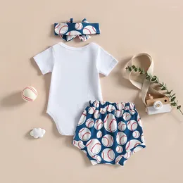 Clothing Sets Born Infant Baby Girl Summer Clothes Baseball Outfit Letter Short Sleeve Romper Stretch Shorts Headband Set