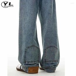 Men's Jeans Upside Down Pockets Design Men Women High Waist Blue Washed Straight Denim Pants Fashion Street Baggy Wide Leg Trousers