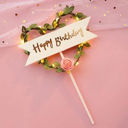 Party Supplies Flower Plant Happy Birthday Cake Topper Gold 3D Acrylic Kids Dessert For Baby Shower Gift Decoration