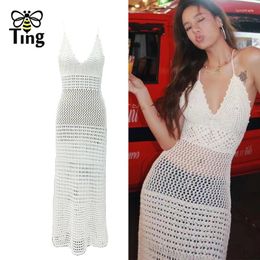 Casual Dresses Tingfly Summer Goblincore Streetwear Knitting Hollow Out Backless Midi Long Dress Sexy Lady V Neck