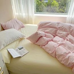 Bedding Sets Japan Style Washed Cotton Plaid Four-piece Bed Linen Sheet Simple Three-piece Dormitory Set Skin Friendly Breathable