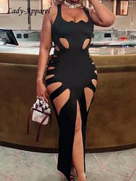 Casual Dresses Y2K Sexy Design Hollow Out Low Cut Skinny Maxi Dress Women Summer Sleeveless Slit Bodycon Night Club Coquette Vestidos