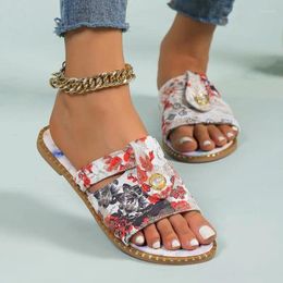 Slippers Beaded Flowers Flat Heeled Sandals Women Summer 2024 Plus Size 42 43 Open Toe Bohemian Woman Elastic Strap Rome Shoes