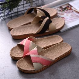 Summer New Linen Slippers for Men and Women Couples Thick Sole Indoor Floor Anti slip Home Cool Slippers