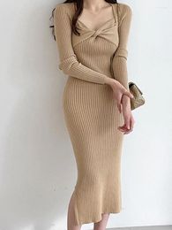 Casual Dresses Slim Knitted Dress Women Autumn Winter Long Sleeve Square Collar Solid Korean Style Midi Fashion Clothing Vestidos