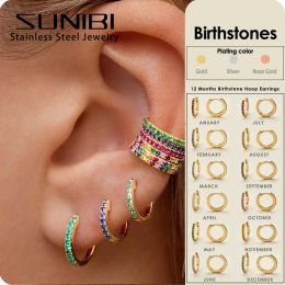 Earrings Stainless Steel Birthstone Minimal Hoop Earrings for Woman Temperament Girl's Daily Wear Earrings Piercing Jewellery Wholesale