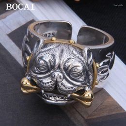 Cluster Rings BOCAI S925 Sterling Silver Retro Domineering Zodiac Dog Inlaid With Brass Bone Stick Pug Ring Men's Gift