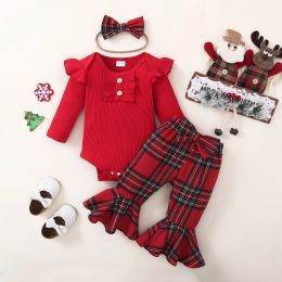 Sets ma&baby 018M Christmas Newborn Infant Baby Girl Clothes Sets Knit Long Sleeve Romper Plaid Flare Pants Headband Xmas Outfit D05