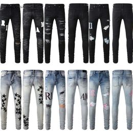 Man Pants Black Skinny Stickers Light Wash Amri Jeans Ripped Motorcycle Rock Revival Joggers True Religions Amri Men High Quality Brand Trousers Jeans 8832
