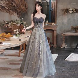 Party Dresses Beauty-Emily Elegant Strapless Evening Long Women Dress Sequins Appliques Formal Gowns Tulle Lace Up Back Prom