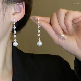Dangle Earrings Minar INS Fashion CZ Cubic Zircon Simulated Pearl Long Tassel Water Drop For Women Silver Plated Copper Jewelry