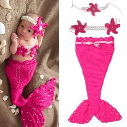 Sets 3pcs Newborn Baby Girl Clothes Cute Mermaid Knit Costume Photography Prop Crochet Bebe Clothing Sets