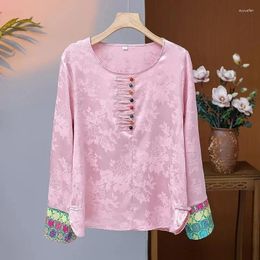 Women's Jackets Chinese Embroidered Stitching Shirts In Spring And Autumn Long Sleeves Loose National Wind Jacquard Blouse