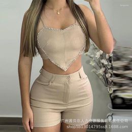 Women's Tracksuits Rhinestone Crop Top & Shorts Set Two Piece Sets Women Sexy Sleeveless Splice Drilling Vest Tops High Waist Pants Casual