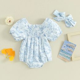 One-Pieces Citgeett Summer Infant Baby Girls Bodysuit Floral Print Puff Sleeve Clothes Jumpsuits Headband Blue Suit